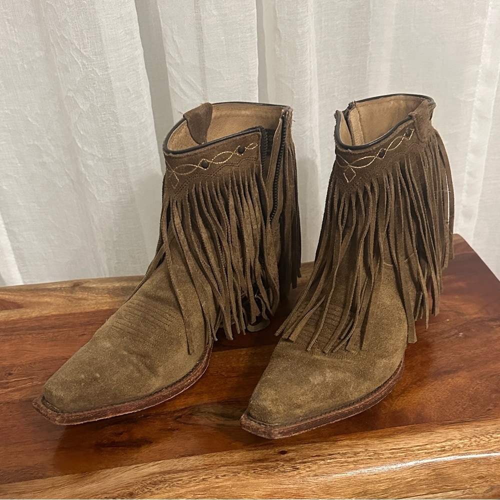 J.B. Dillon Tan Suede Fringe Booties